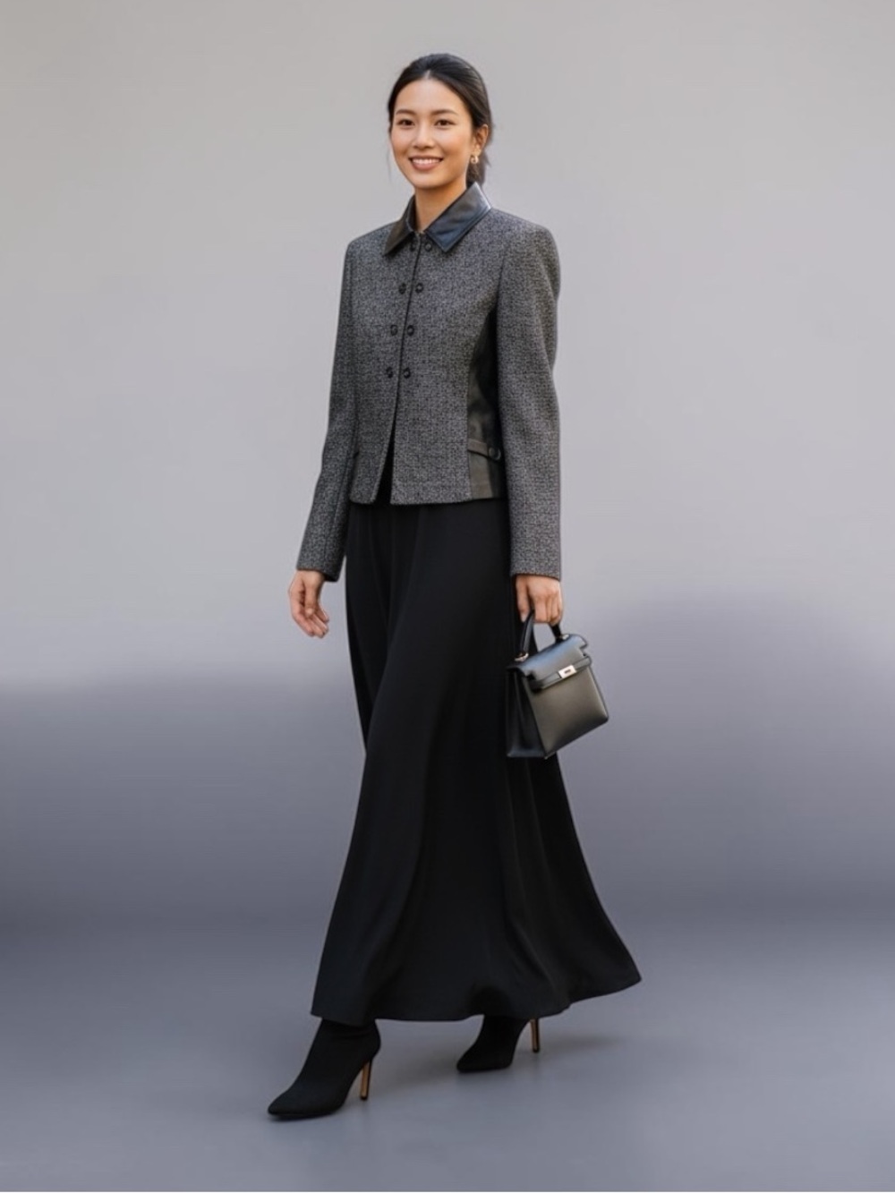 Vintage St. John Collection Marie Gray Knit Blazer Leather Collar Trim | Sz 8